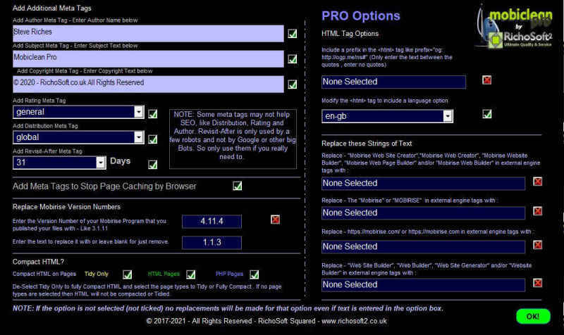 Mobiclean Pro Options