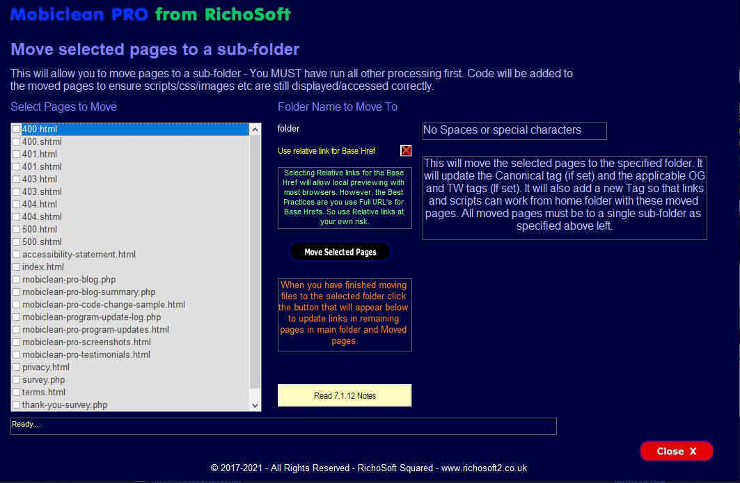 Mobiclean 11 Move Pages to Sub-Folder