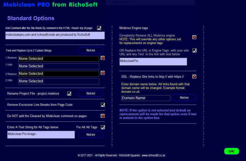 Mobiclean 11 Standard Options